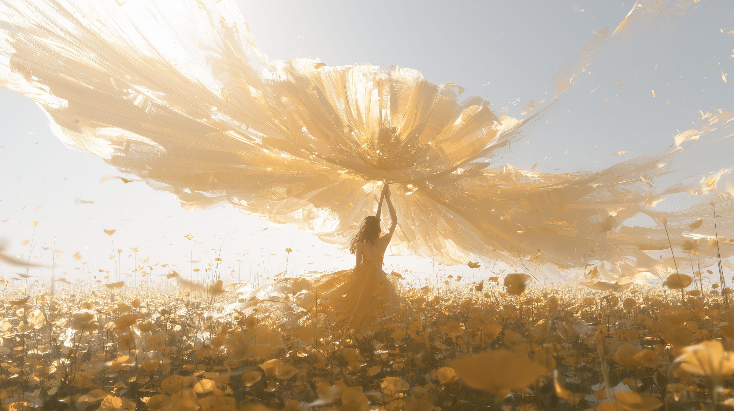 Editorial cover art: a figure in a field of yellow flowers lifting a vast sheet of golden light