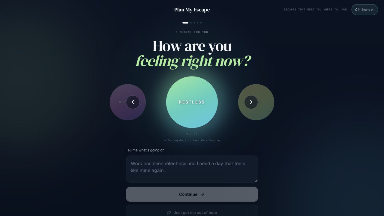 Aura · Find the escape that fits: Opening mood carousel