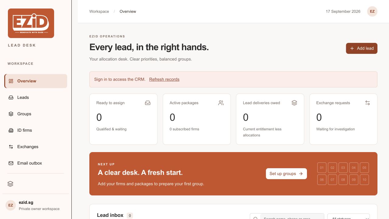 ezid · Lead Desk: Overview with sign-in notice
