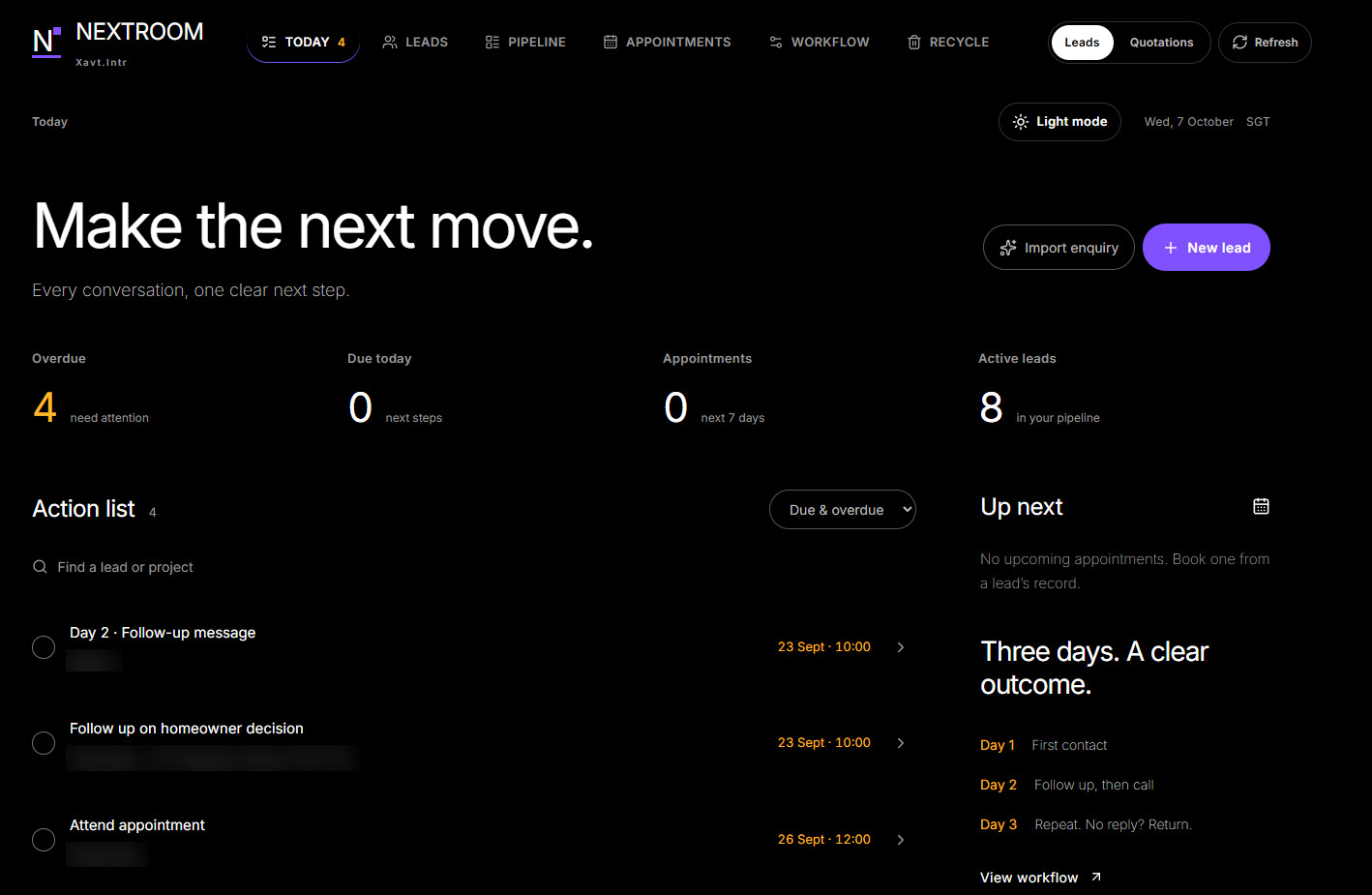 NEXTROOM · Xavt.Intr: Today dashboard and action list